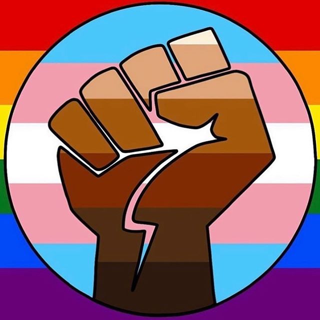 A square graphic with a rainbow background, a circle filled with the colors of the transgender flag, and a raised fist with varying shades of brown similar to skin tones.